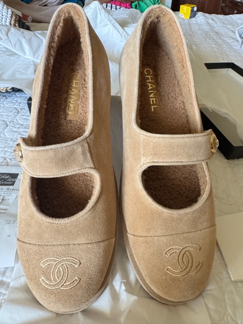 NIB Chanel Beige Suede Mary Jane Flats with CC Logo 41